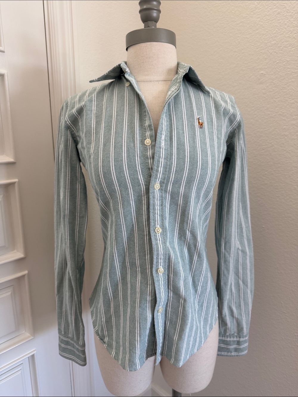Ralph Lauren Light Green and White Striped Button-Down Shirt